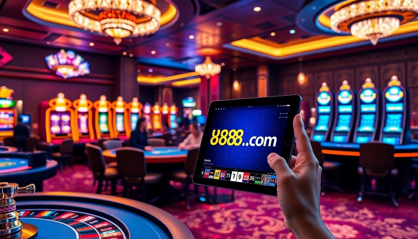 Thrilling casino experience at U888u88.com featuring poker tables and vibrant slot machines.