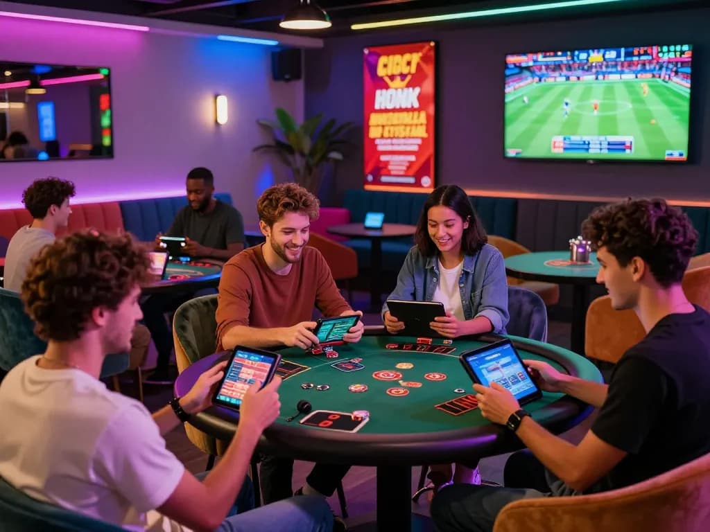 Players enjoying a lively gaming experience at EE88 with tablets, smartphones, and vibrant decor.