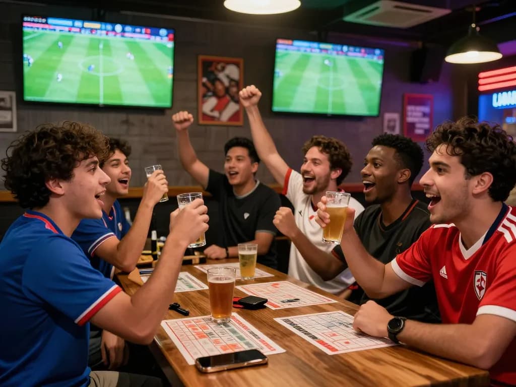Friends enjoying kèo bóng đá nhà cái in a lively sports bar.