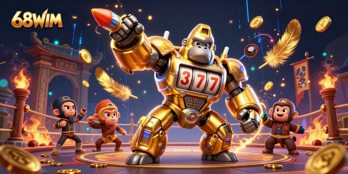 Engage with thrilling adventures at 68WIM, featuring a dynamic golden gorilla mech amidst vibrant casino gaming elements.