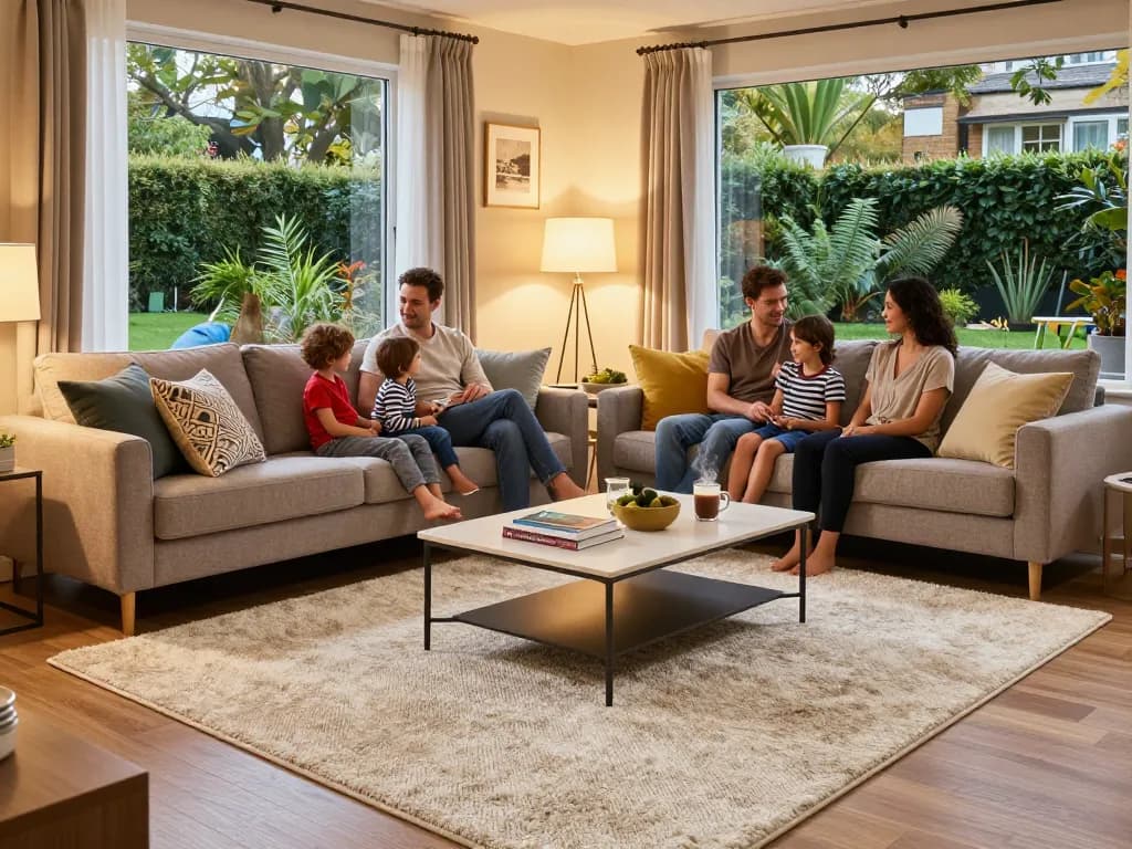 A family enjoys a cozy living room featuring affordable carpets London, creating a warm and inviting atmosphere.