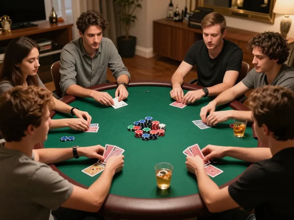 Bet168 poker game with friends at a cozy home gathering featuring intense gameplay and strategic decisions