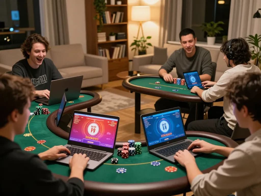Engaged players using laptops for sc888 poker games, showcasing strategic gameplay atmosphere