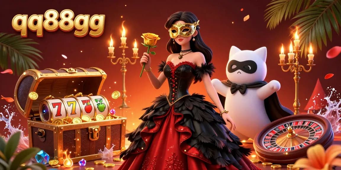 Engage with the thrilling world of qq88gg, showcasing an enchanting 3D cat and formal woman amidst dynamic casino elements.
