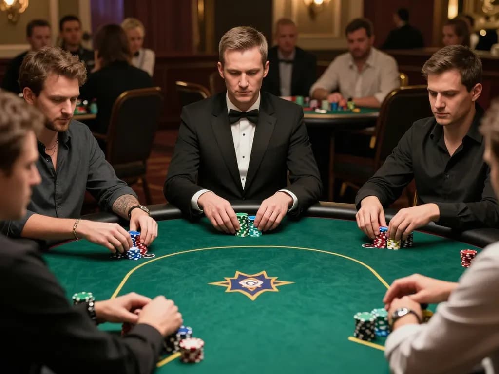 Dynamic poker game scene showcasing players at aa888 table with intense focus and strategy.