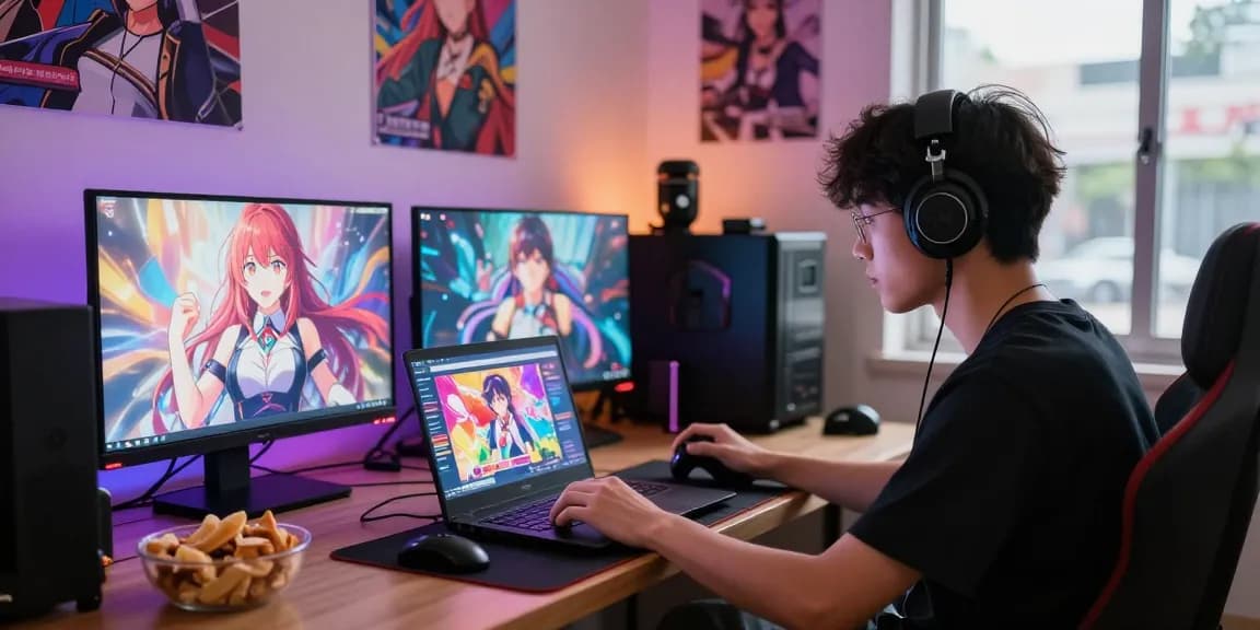 Engaging scene of a young male gaming with a laptop featuring a hentai game interface, cozy room setup, snacks, and LED lighting.
