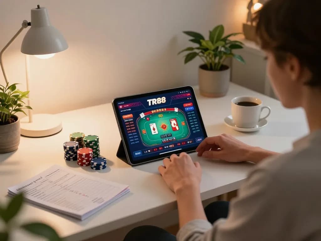 Players enjoying TR88 online poker with chips and strategy notes in stylish home setting