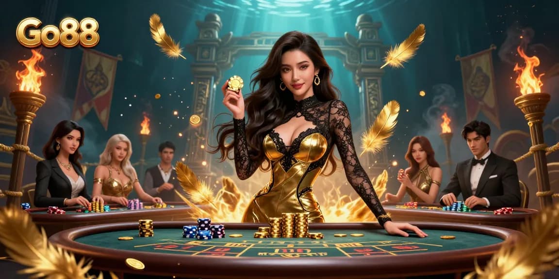 Engage with Go88's thrilling baccarat scene featuring a confident Asian woman amid gold coins and high-value chips.