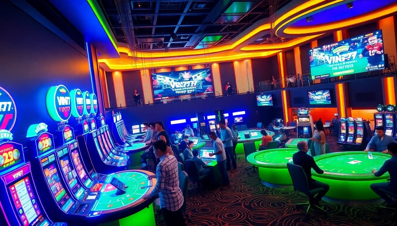 The dynamic online betting experience at vin777.gb.net featuring an engaging casino environment with diverse players enjoying various games.