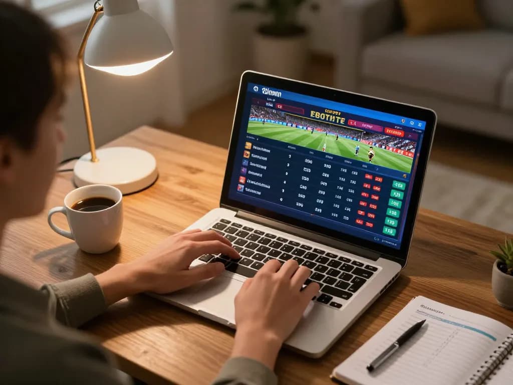 Engaging in sports betting on Ko66 platform, showcasing live odds and strategies at home