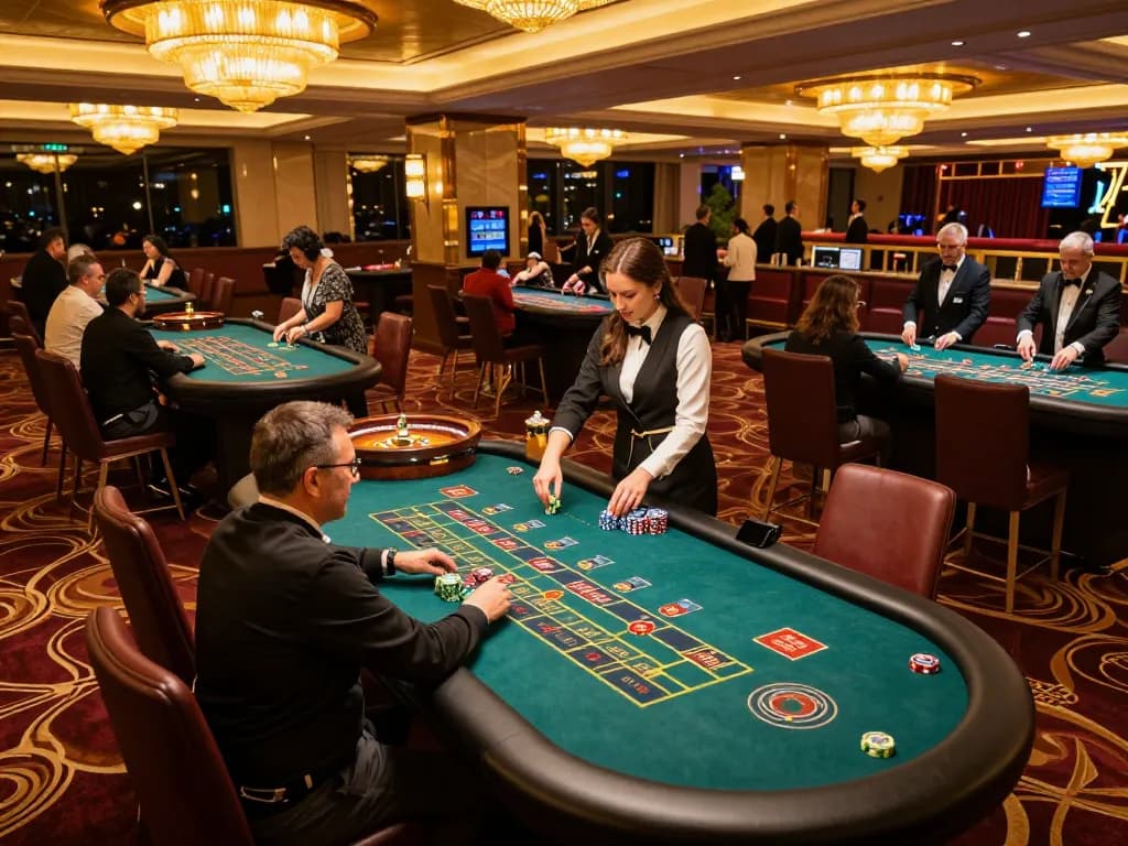 Players enjoying roulette at VK88 casino, vibrant atmosphere, strategic betting in action