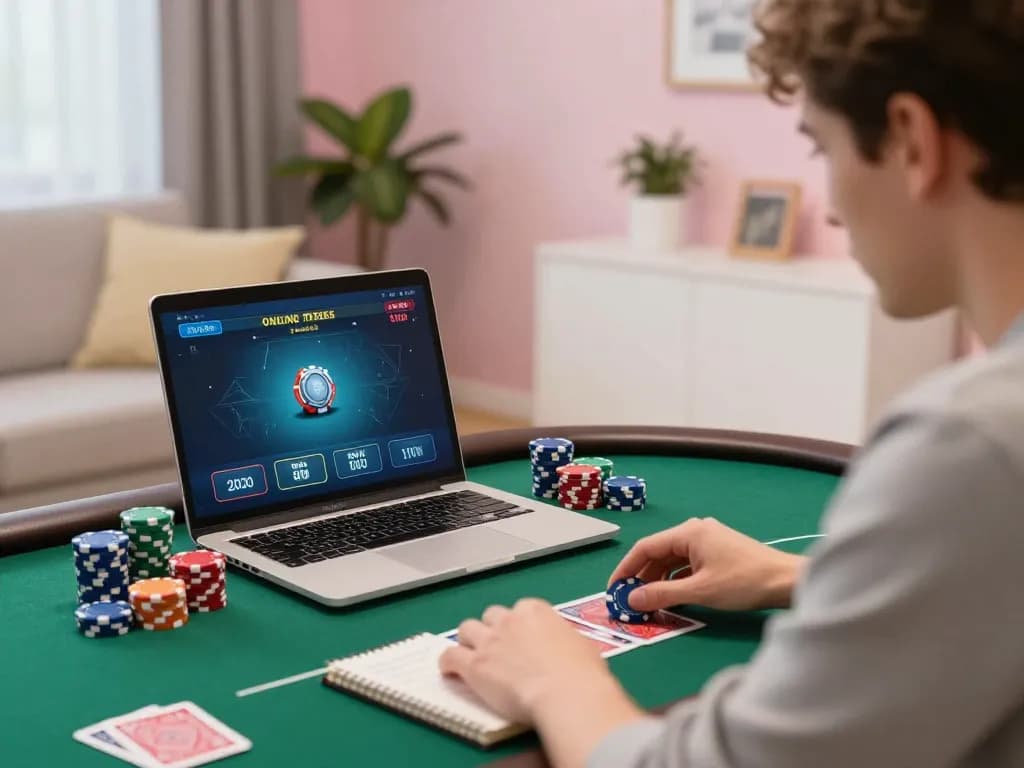 Player engaging in online poker at home, showcasing open88 platform's strategy-driven gameplay.