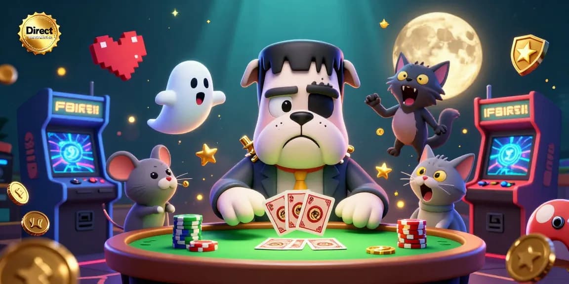 Play slots on the Direct website with vibrant 3D illustrations of whimsical characters and casino elements.
