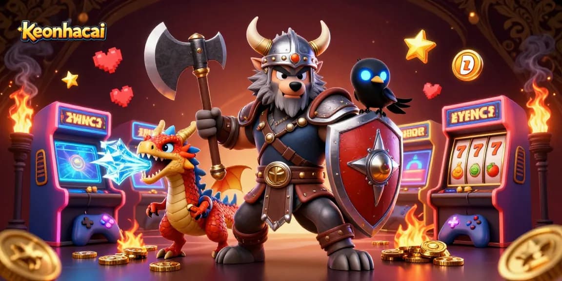 Engage with the vibrant keonhacai casino scene featuring a Viking wolf warrior and a fierce dragon.
