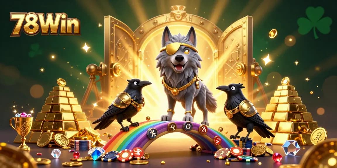 Win big at 78Win with a vibrant 3D casino scene featuring Odin, ravens, and treasures.