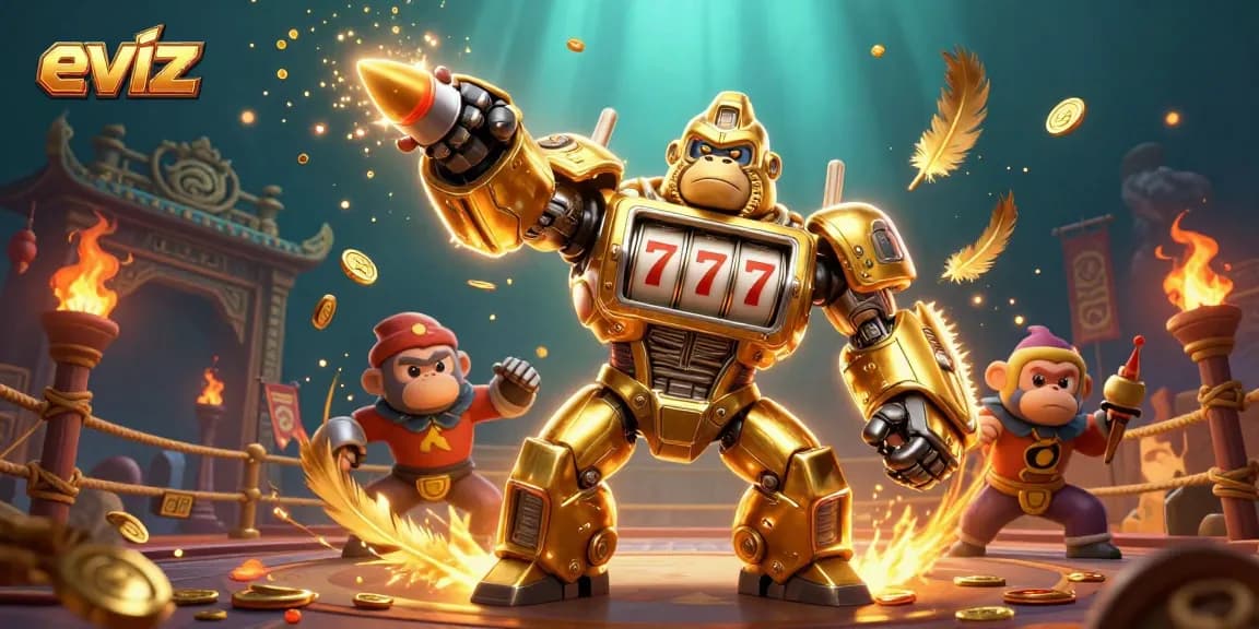 Engage in the thrill of winning at eviz with dynamic scenes of a golden gorilla mech and casino elements.