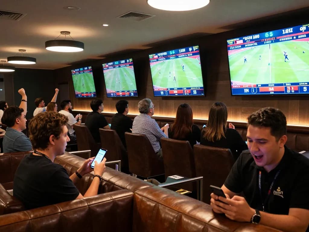 g28 sports betting lounge with enthusiastic bettors excitedly placing bets on live games