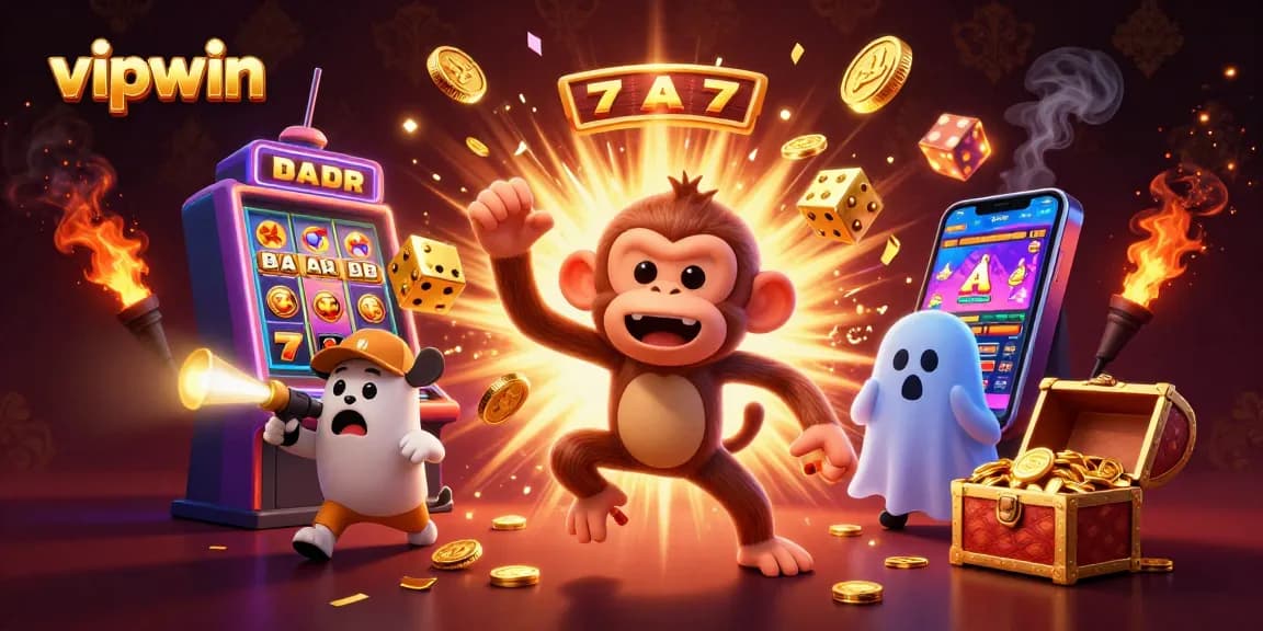 Experience thrilling jackpots at vipwin with a mischievous monkey and ghost-hunter puppy in an exciting casino scene.