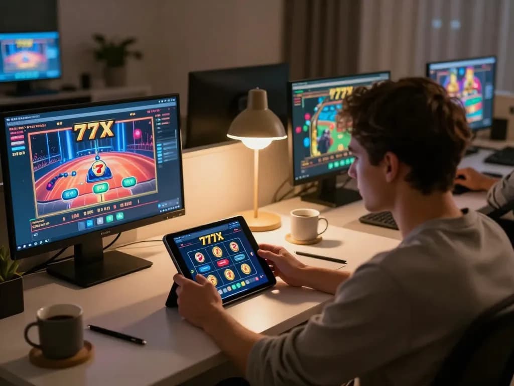 Engaging gaming experience on the 777x app, showcasing a cozy home setup with a player at the tablet.