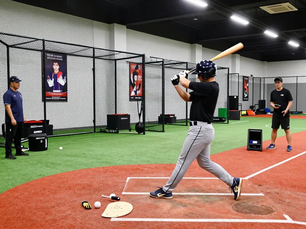 Hitclub athlete training in a modern batting facility using HitTrax technology for performance analysis.