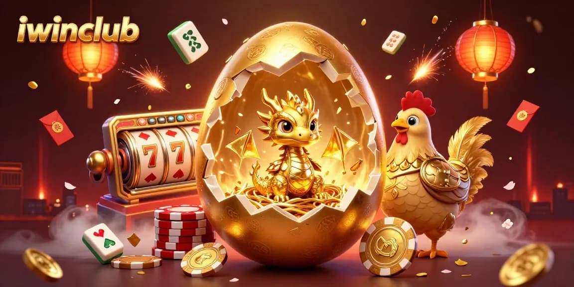 iwinclub showcases a golden dragon nested on poker chips in a vibrant casino-themed illustration.