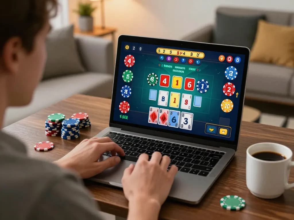 Player engrossed in gg88 live dealer baccarat game on laptop in a cozy home setting