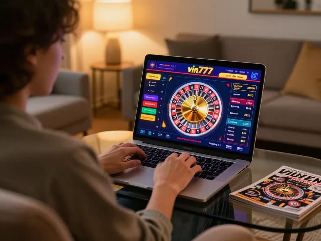 Player engaging with vin777 online casino, enjoying a roulette game in a cozy home setting