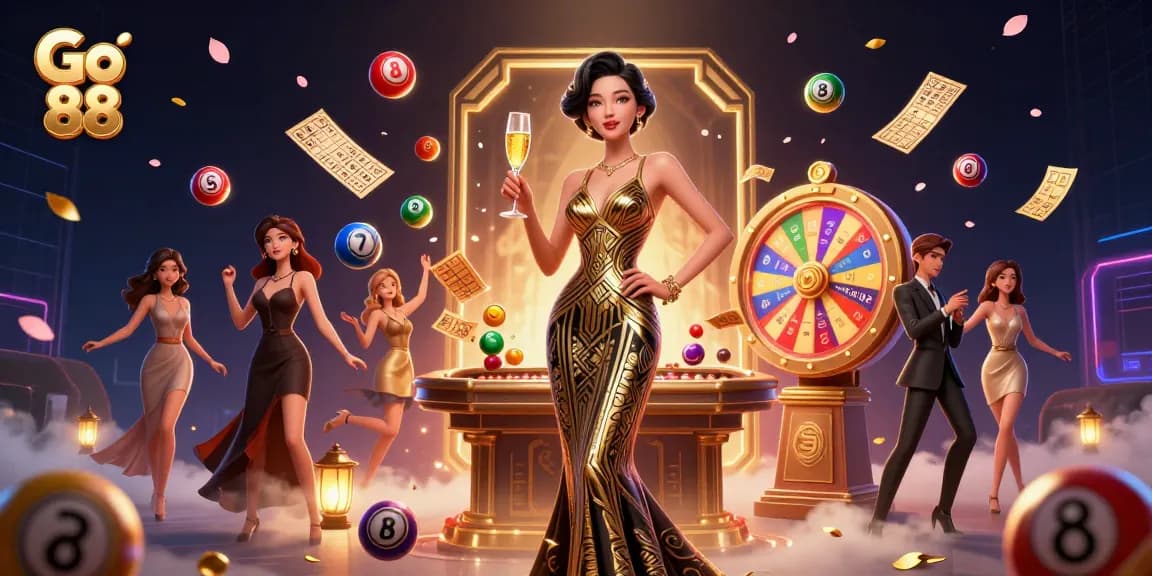 Engage with Go 88 at a vibrant casino scene, featuring dynamic lottery elements and glamorous depiction.