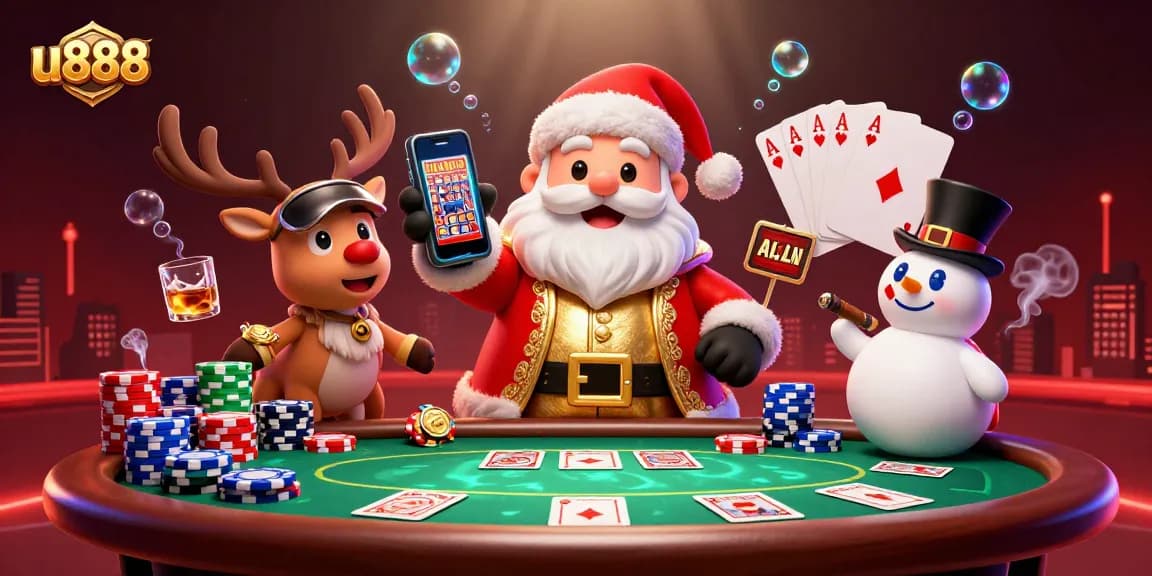 Engage in thrilling slots at u888 with a festive scene featuring Santa and gaming elements.