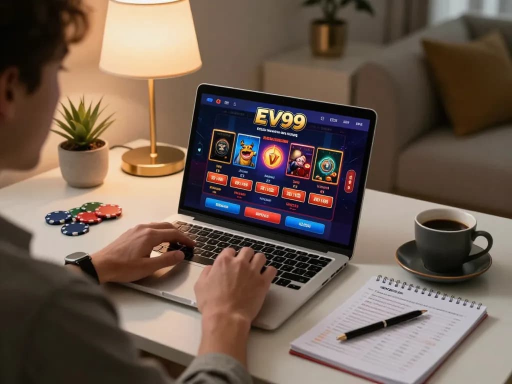 Player interacting with EV99 online casino interface in a cozy home setup.