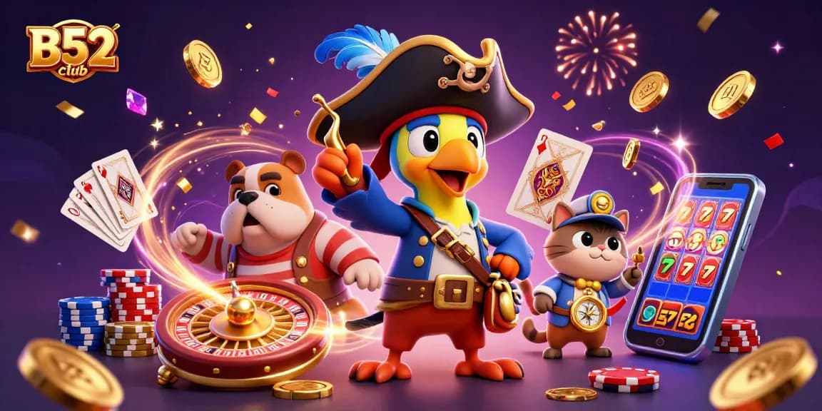 B52club showcases a dynamic gaming scene with characters and casino elements bringing excitement to players.