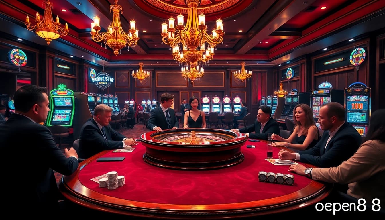 An exciting scene at the open88 casino highlighting players at a luxurious poker table with vibrant slot machines nearby.