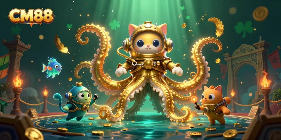 Experience the thrill of CM88 with a colossal kraken and vintage diving cat in a vibrant underwater casino scene.