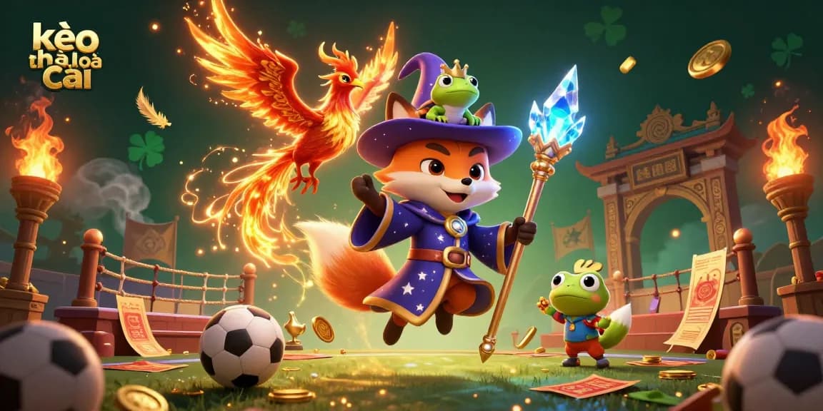 Engage with kèo nhà cái in an exhilarating 3D fantasy scene featuring a wizard fox, phoenix, and enchanting elements.