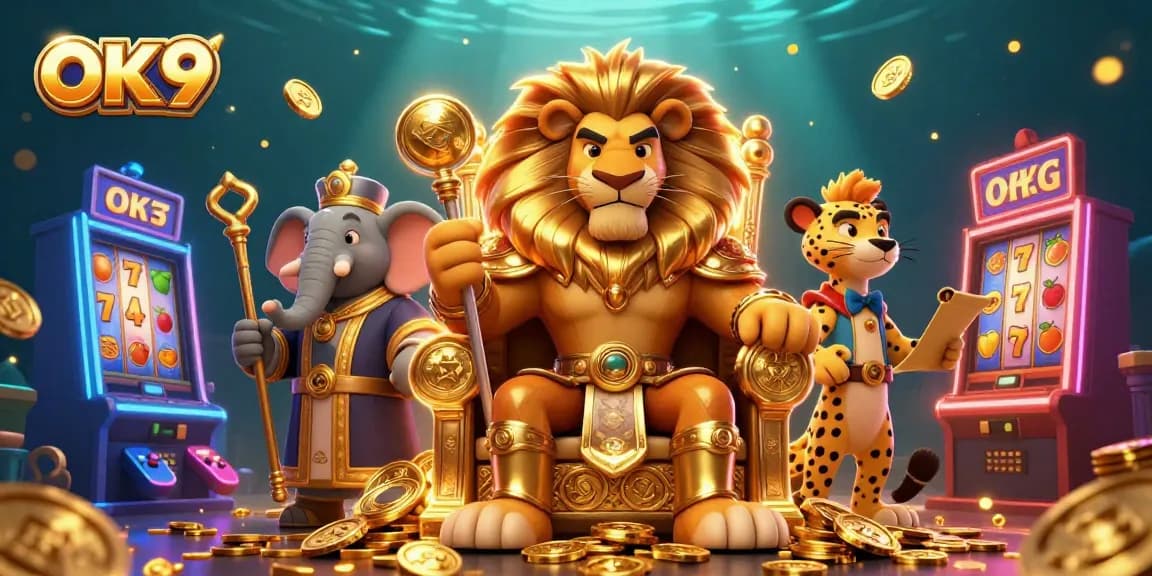 Engage with OK9's thrilling casino adventure featuring a lion king and vibrant slot machines.