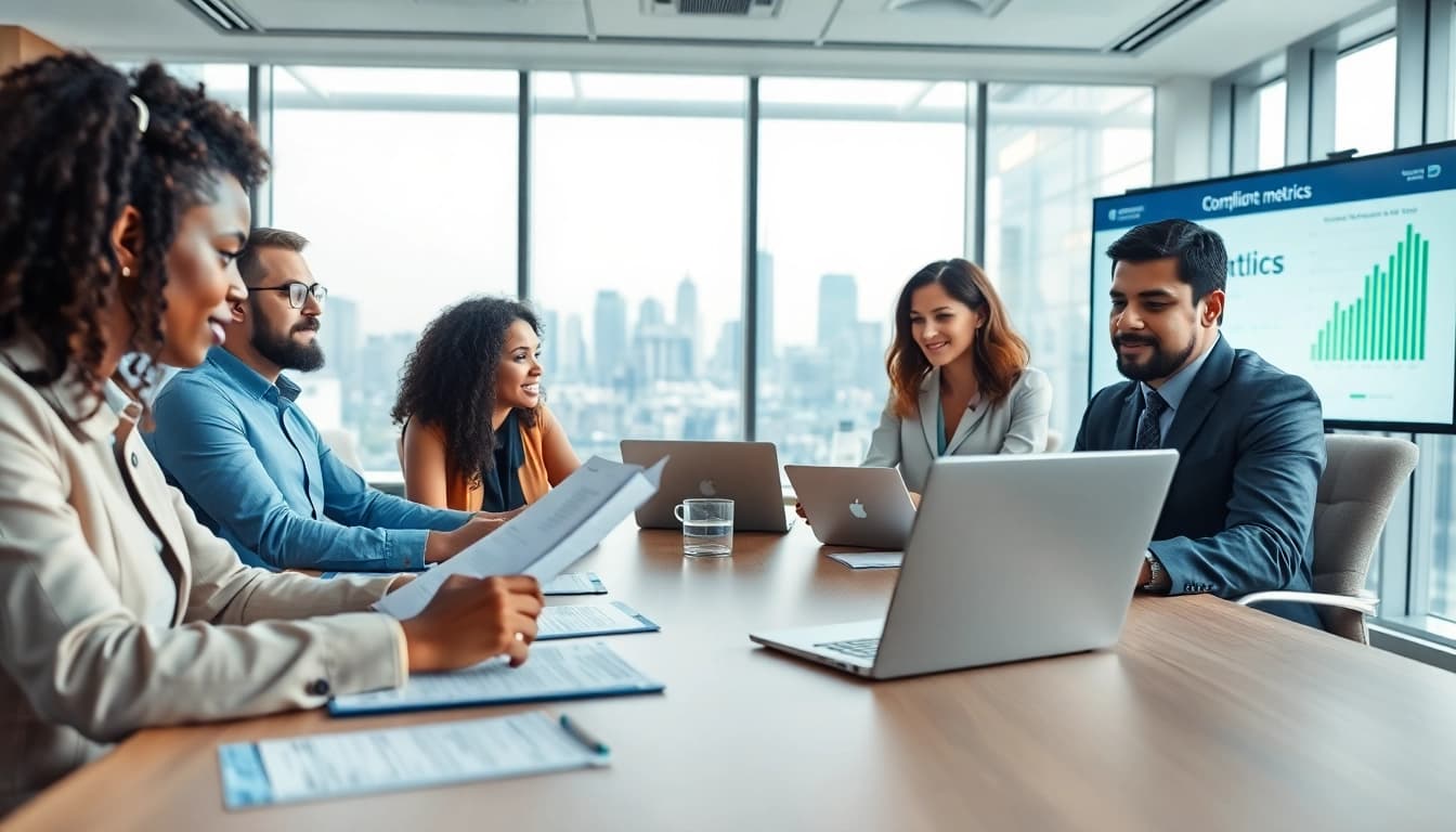 Enhance pre-post award compliance through team collaboration in a modern office.