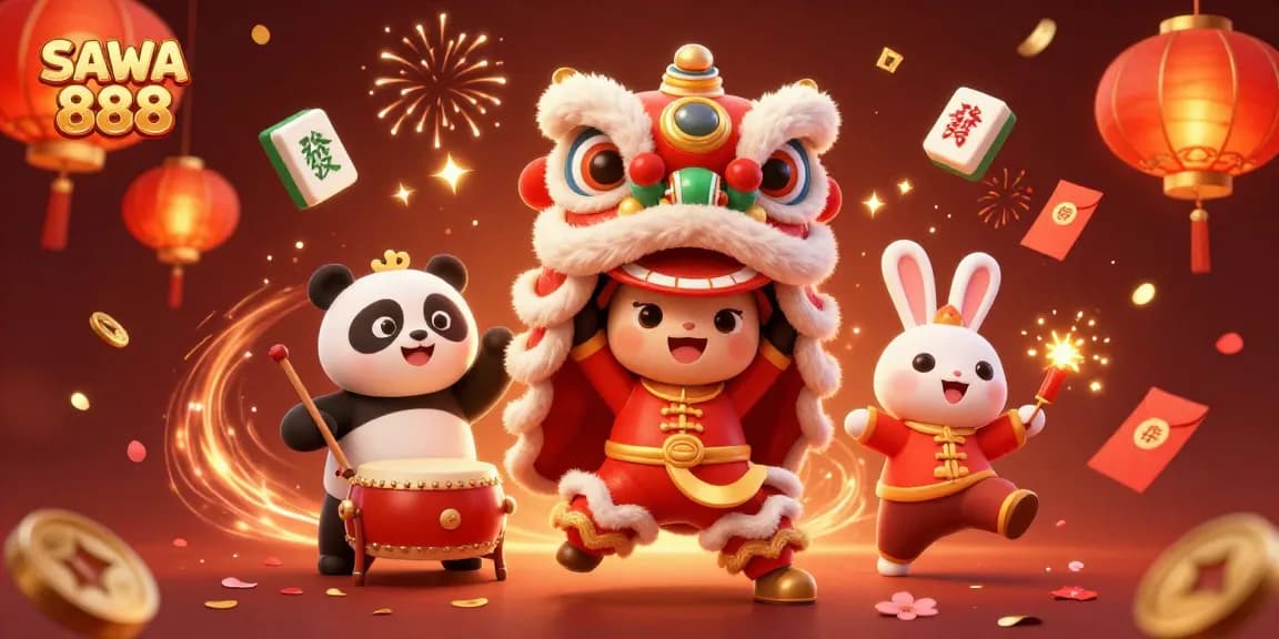SAWA 888 players enjoying thrilling slot games with festive elements in a vibrant scene