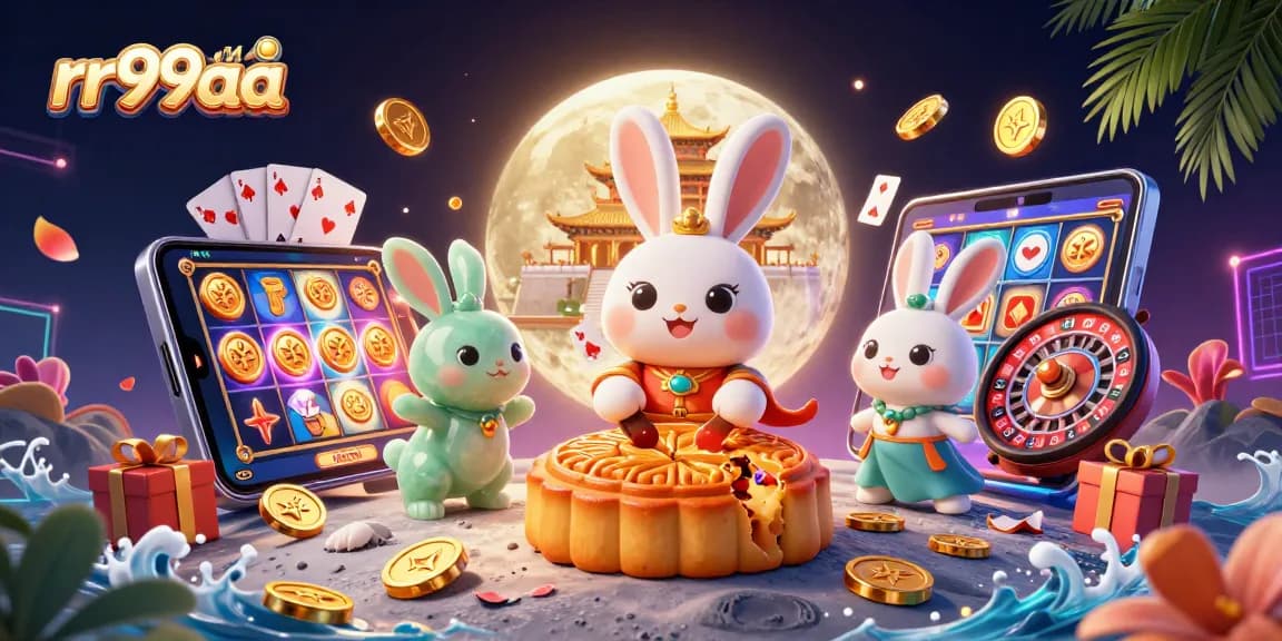 Experience thrilling casino fun at rr99aa with a cartoon moon rabbit revealing poker chips.