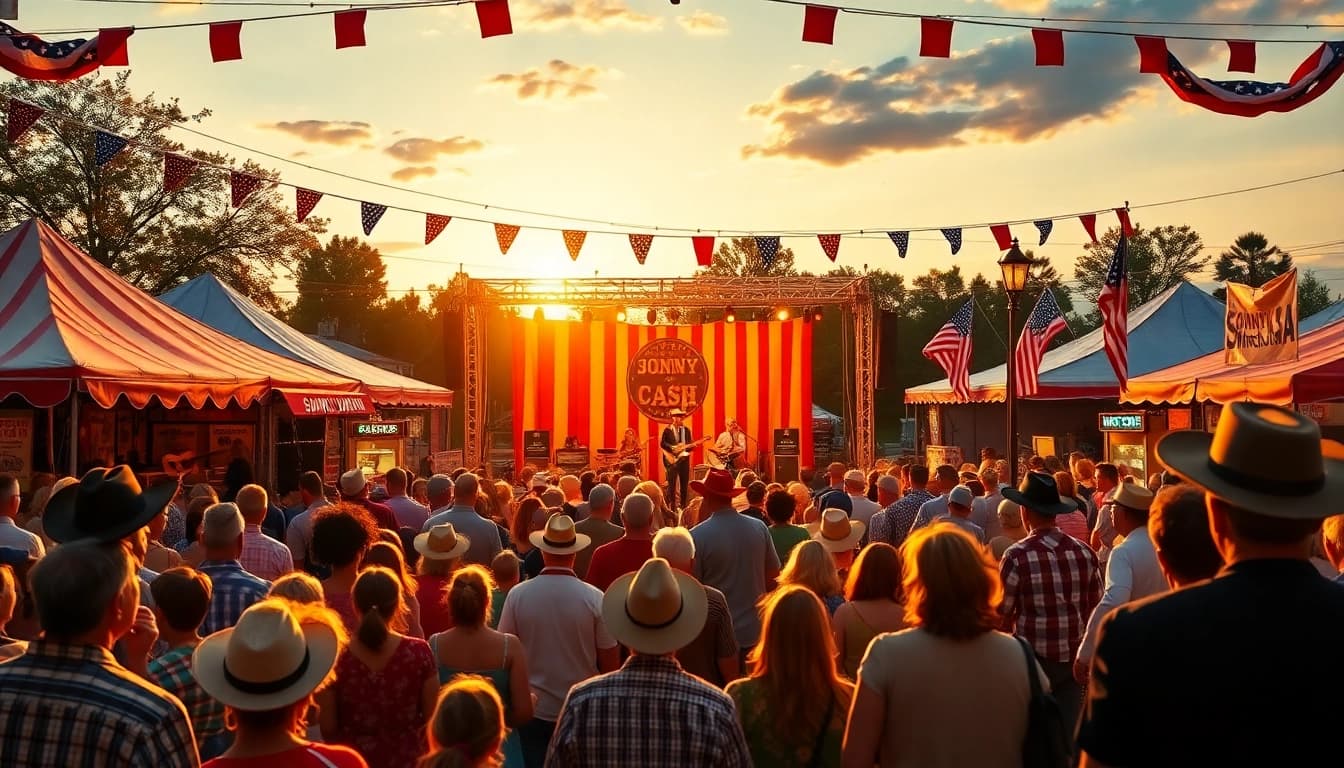 Celebrate Johnny Cash's legacy at johnnycashbirthday.com with a lively festival atmosphere featuring fans, live music, and traditional Southern cuisine.