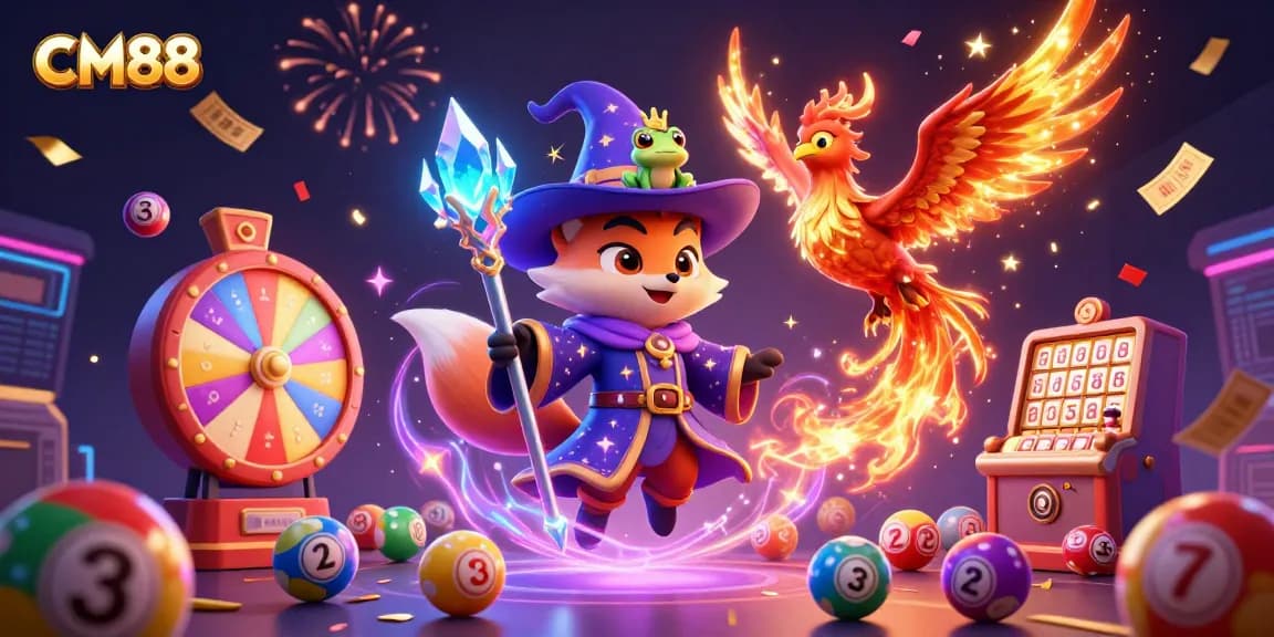 Engage with CM88's thrilling gaming world featuring vibrant lottery elements and magical characters.