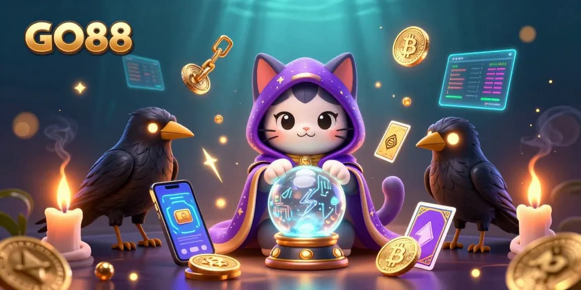 Engage in thrilling gaming at GO88 with vibrant 3D casino characters and crypto elements.