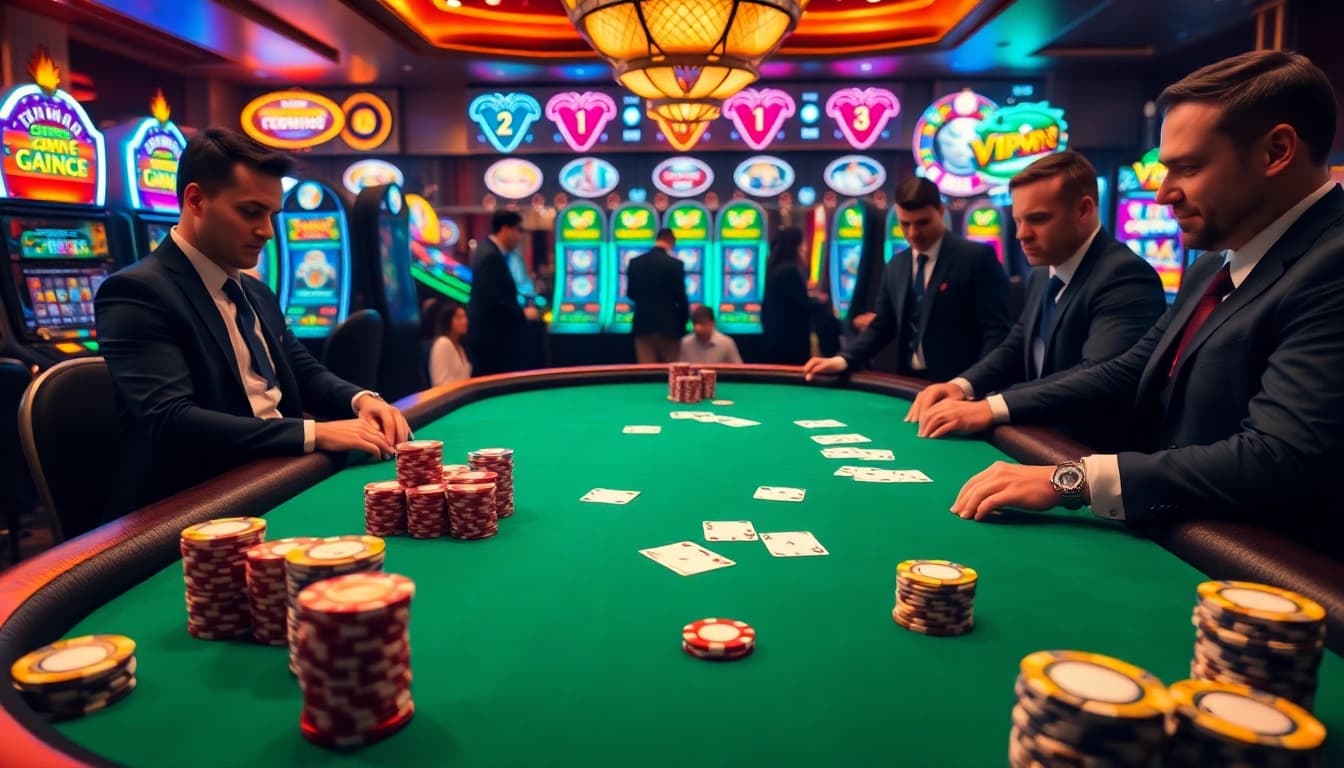 Engaging players in a high-stakes poker game at a luxurious VIPWIN casino table.