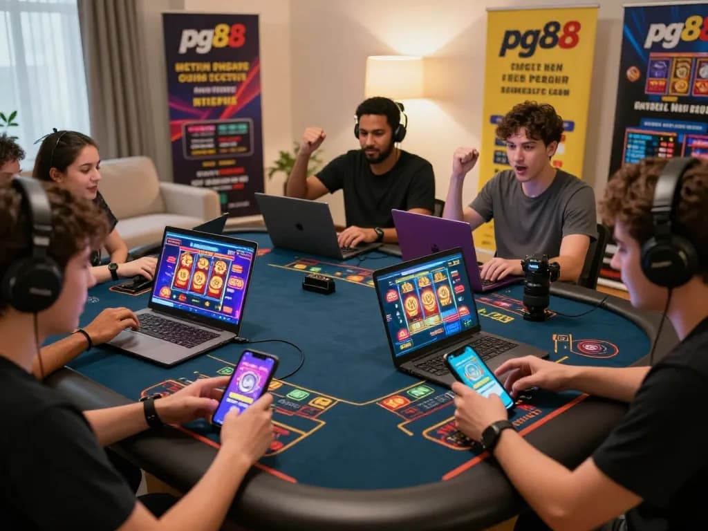 Players enjoying exciting online betting activities with pg88 in a vibrant gaming setup at home.
