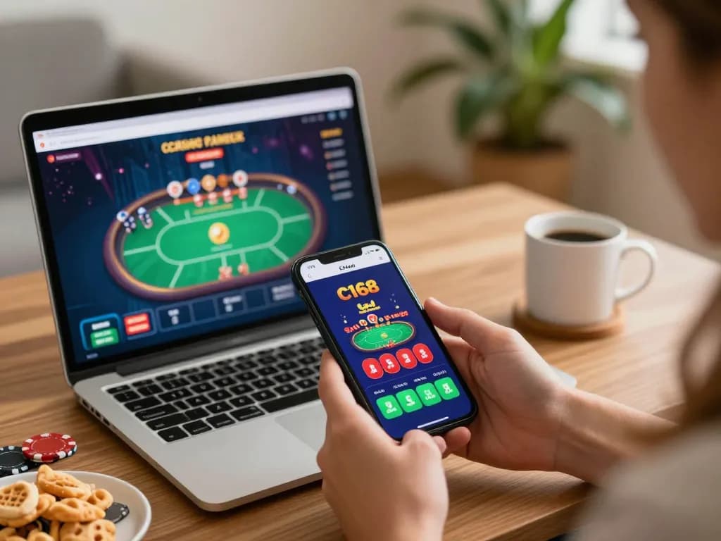 Engaging with https://c168ii.com/ via mobile casino app in a cozy home setting.