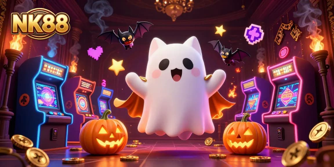 Join the NK88 adventure with a ghost cat and bat in a vibrant 3D casino scene!