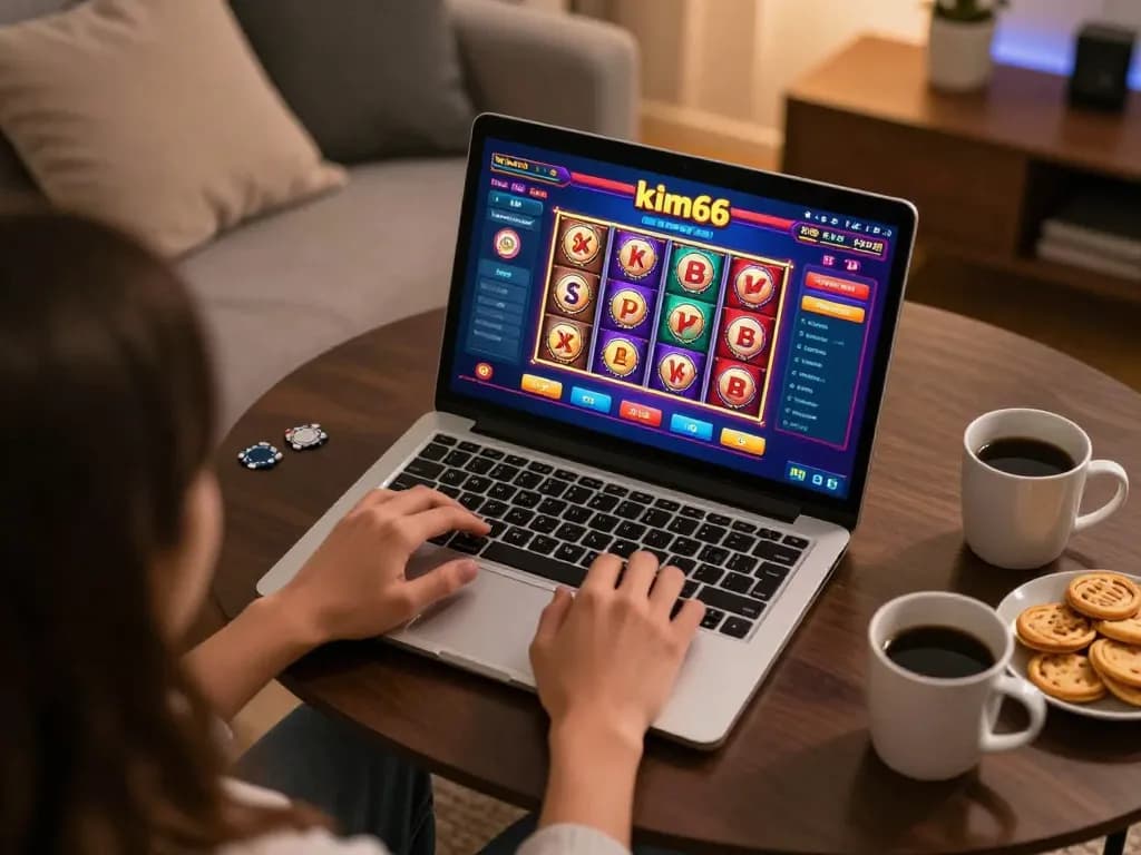 Engaging in a kim66 game online within a cozy living room, showcasing the excitement of virtual gambling.
