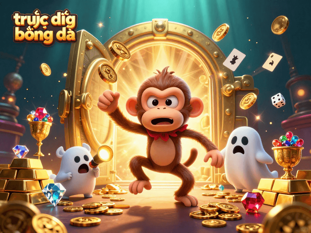 Experience trực tiếp bóng đá with a mischievous monkey juggler and ghost-hunter in a vibrant casino.