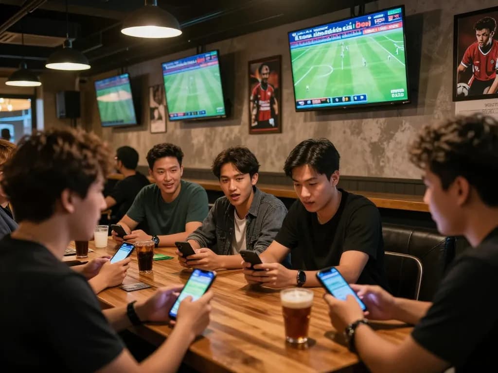 Xem bóng đá sbotop action at a lively sports bar with fans and betting activities.