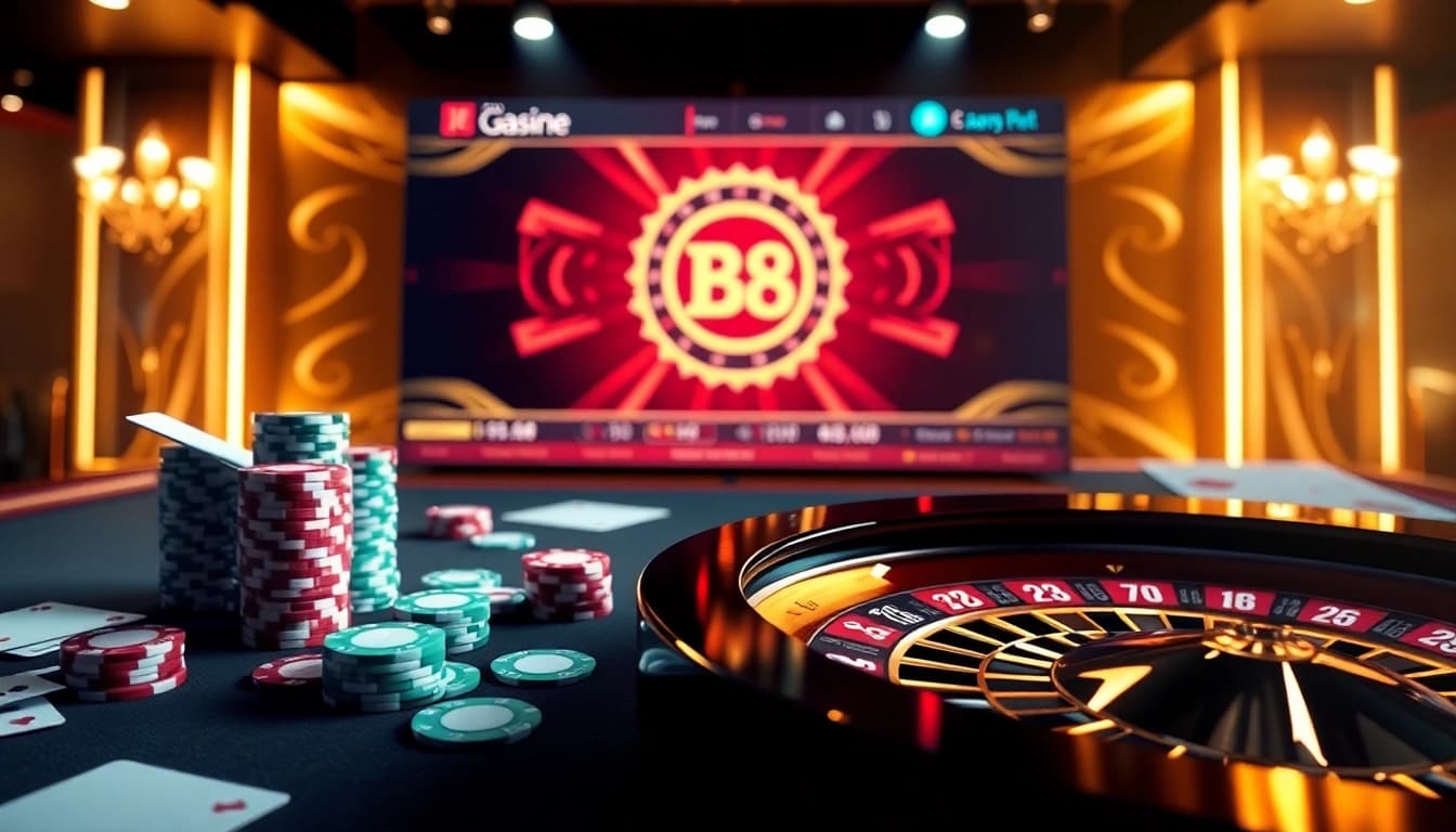 Exciting online gaming scene featuring loto188.gb.net logo with poker chips and roulette wheel.