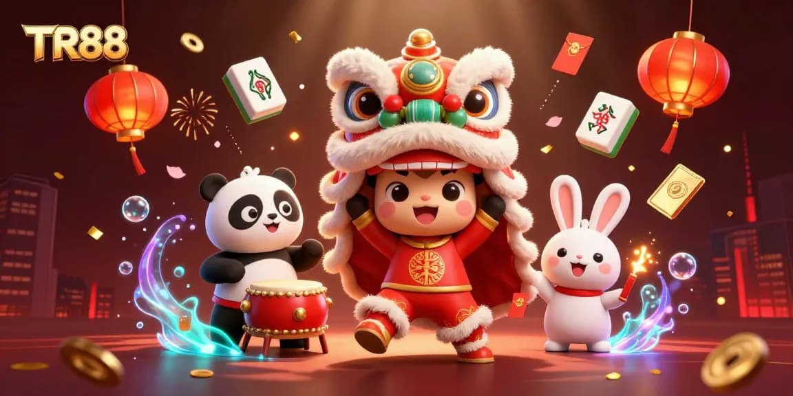 Experience the excitement of TR88 with a dynamic lion dance, drumming panda, and vibrant casino elements.